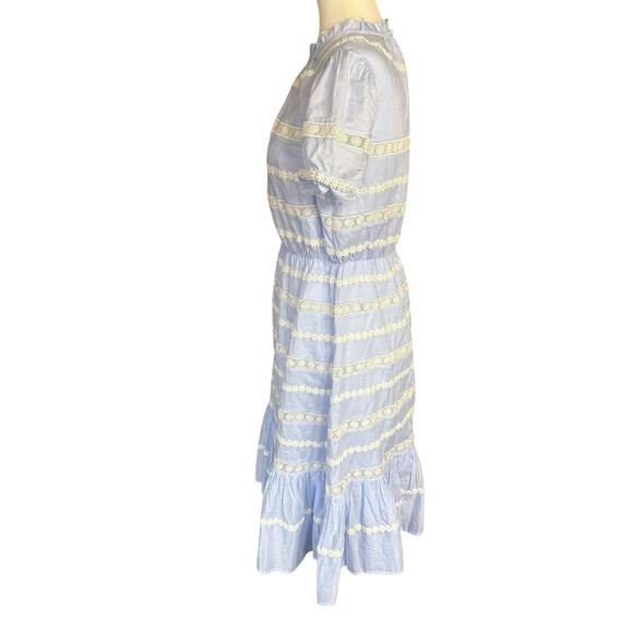 J Crew Dress Womens 6 Sky Blue White Cotton Puff Sleeve Daisy Chain Flounce Hem - Picture 3 of 14